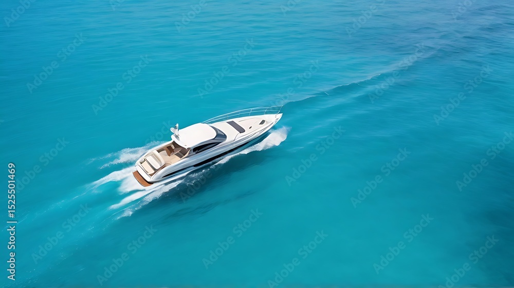 Aerial view of a sleek white luxury motorboat gliding on calm ocean waters Aerial view of a sleek white luxury motorboat gliding on calm ocean waters