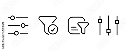 Filter line icon set. Funnel, sorting, refine, search, adjust, options, data filter, UI design, mobile app, web interface, customize, control panel vector. Thin PNG and transparent icon pack.