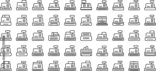 Collection of isolated simple linear illustrations of cash registers in a seamless pattern