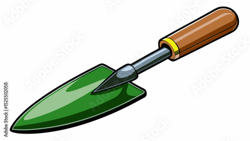 Small metal trowel with green rubber grip and smooth blade. Displayed top-down on white background. Perfect for vegetable garden or potting soil vector illustration.