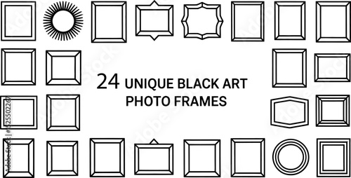 Collection of twenty four unique black art photo frame outlines for various design applications
