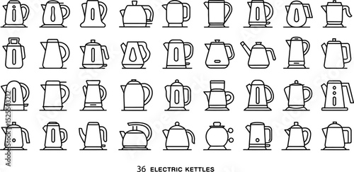 Collection of thirty-six electric kettle icons in line art style for modern designs