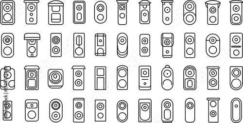 Set of different speaker icons showing technology and audio equipment in monochrome style
