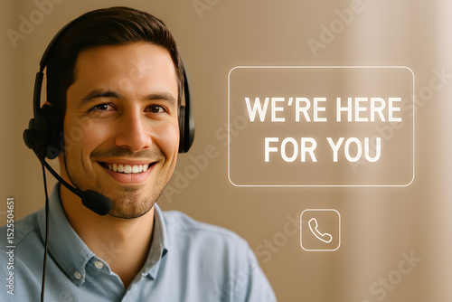 smiling customer support with a headset in front of blurred background 