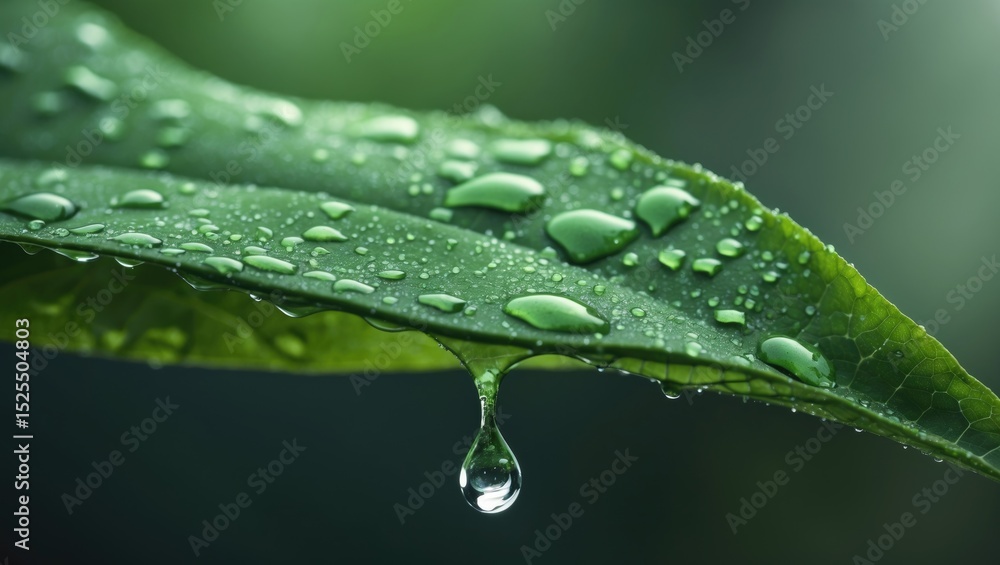 Fototapeta premium Close-up of a green leaf with water droplets, emphasizing freshness and hydration. Nature and botanical concept. The focus on leaf texture and water.