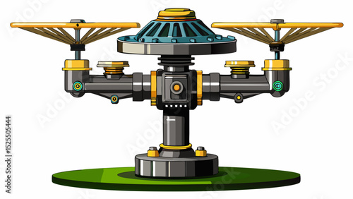 Modern adjustable sprinkler head with black base and rotating nozzles. Positioned upright on a white background. Excellent detail for irrigation, landscaping, or smart farming vector sets.

