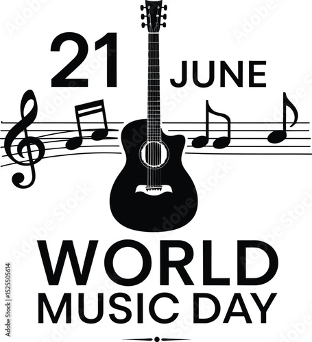 World Music Day 21 June Vector Illustration with Guitar and Musical Notes