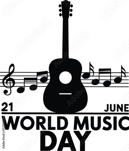 World Music Day 21 June Celebration Vector with Guitar and Musical Notes