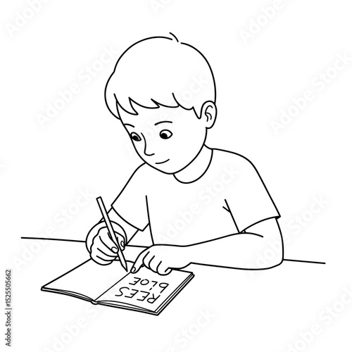 boy writing notes in notebook with pencil, focused on schoolwork