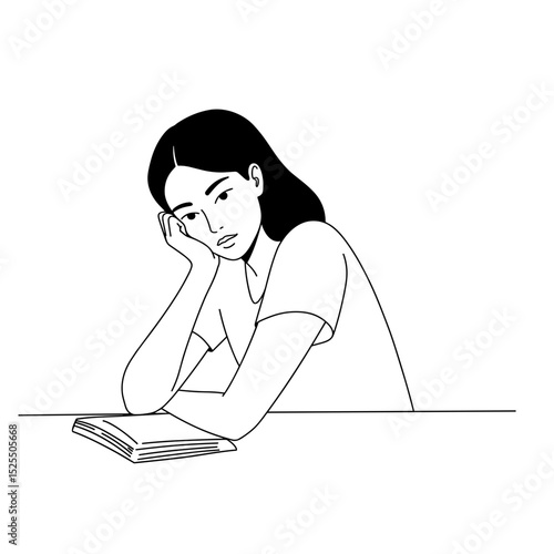student girl looking bored while resting her head on hand next to an open book