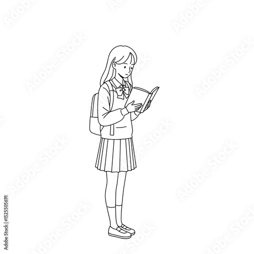schoolgirl reading a book with backpack while standing and concentrating