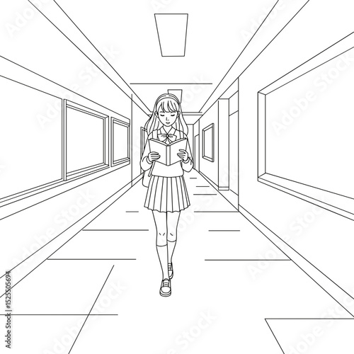 schoolgirl walking down hallway reading a book with focus and curiosity