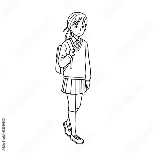 schoolgirl walking with a backpack and a serious expression