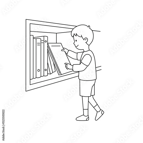 schoolboy selecting a book from a shelf with curiosity and enthusiasm 