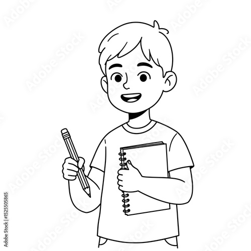 schoolboy smiling cheerfully holding a pencil and notebook 