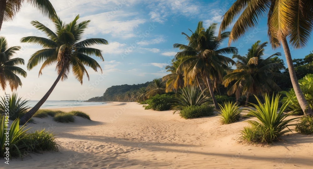 Obraz premium Tropical beach with palm trees, sandy shore, and lush greenery under a partly cloudy sky.
