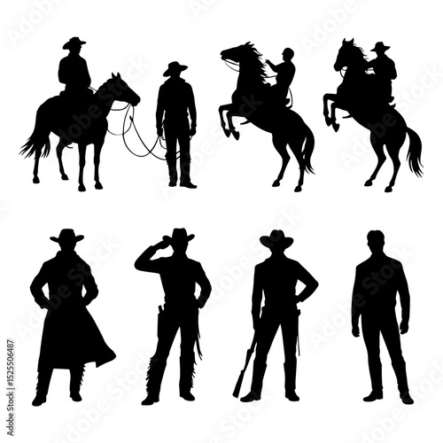 Silhouette illustrations depicting cowboys on horseback and standing in various poses and outfits