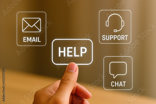 a person's finger pointing towards a 'Help' button, with different support icons. This image focuses on communication and assistance, showing a direct way to get help