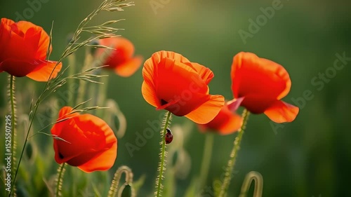 Red poppies field with ladybug in green meadow, close up slow motion, summer nature. Use for gardening, agriculture, floral design, environmental, spring holiday projects.