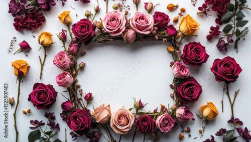 Arrangement of pink, purple, and yellow roses and petals forming a heart shape on a white background with scattered flower petals.