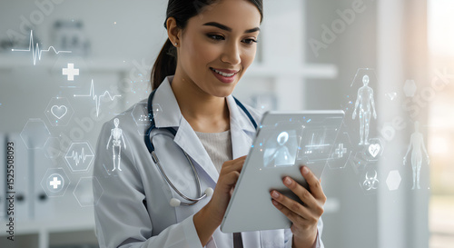 Doctor woman holding digital tablet with holographic medical icons. Medical professional integrates digital solutions in healthcare. Protection personal data. Innovation and technology in patient care