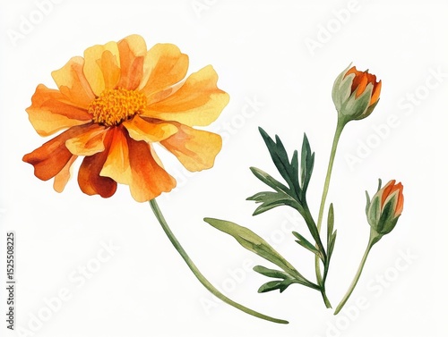 Watercolor Orange Flower with Buds Botanical Illustration, orange flower, watercolor painting