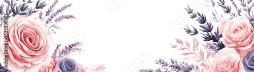 Watercolor Roses and Lavender Border, Floral Design, Wedding Invitation Floral arrangement, Watercolor painting