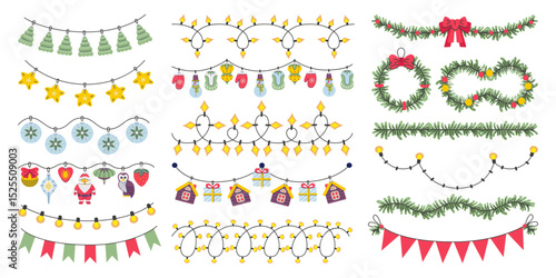 Flat christmas garlands. Xmas home decorations with toys, fir tree branches and lights. Winter holiday design, festive cartoon neoteric vector elements
