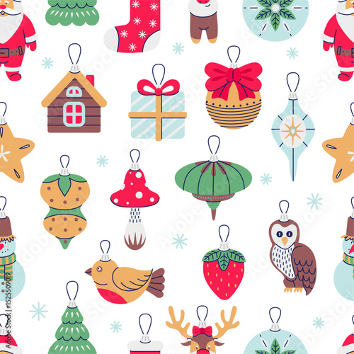 Christmas toys seamless pattern. Vintage fir tree decorations, glass toy for xmas and new year. Bird, mushroom, strawberry, gift box, neoteric vector background