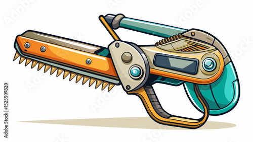 Specialized handheld cutter with safety grip and serrated edge for twine and net wrap. Captured in sharp close-up on white. Ideal for mechanized hay baling illustrations.