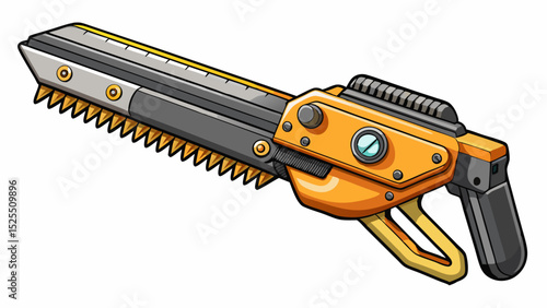 Specialized handheld cutter with safety grip and serrated edge for twine and net wrap. Captured in sharp close-up on white. Ideal for mechanized hay baling illustrations.