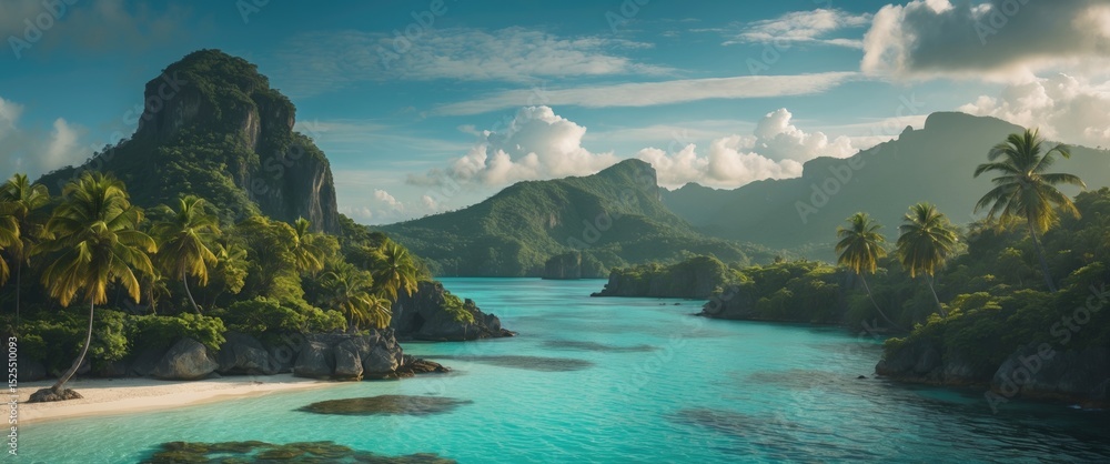 Fototapeta premium Tropical river scene with lush greenery, mountains, and palm trees under a partly cloudy sky.