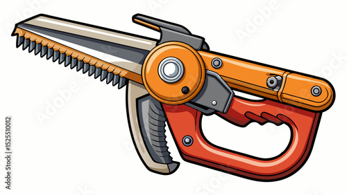 Specialized handheld cutter with safety grip and serrated edge for twine and net wrap. Captured in sharp close-up on white. Ideal for mechanized hay baling illustrations.