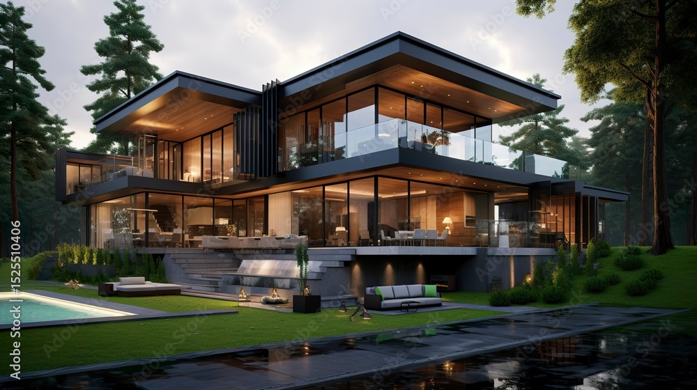 A photo of a modern house with floor-to-ceiling window A photo of a modern house with floor-to-ceiling window