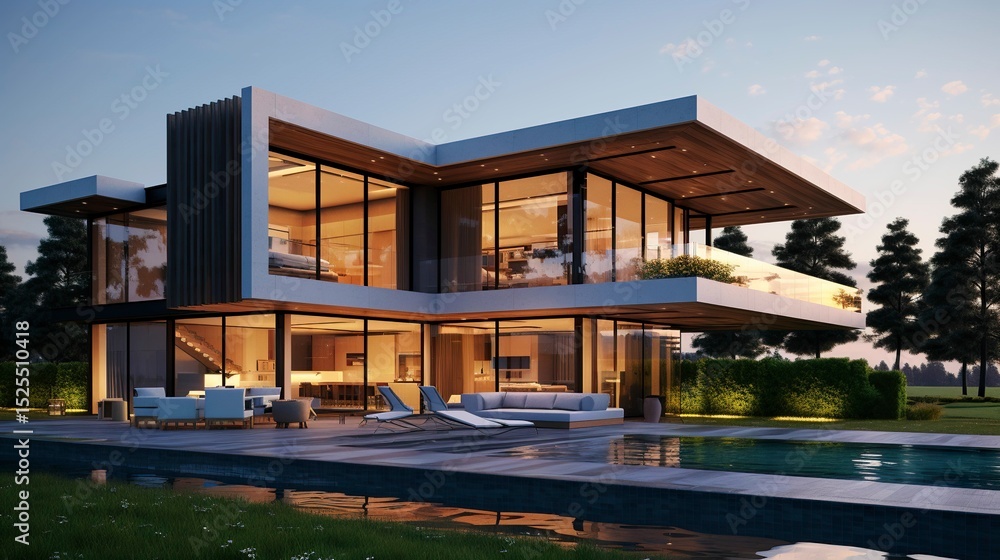 Obraz premium A photo of a modern house with floor-to-ceiling window