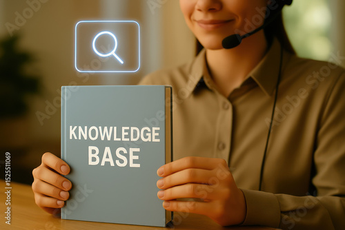 customer support agent holding a knowledge base book with a search icon above. The agent is wearing a headset and smiling