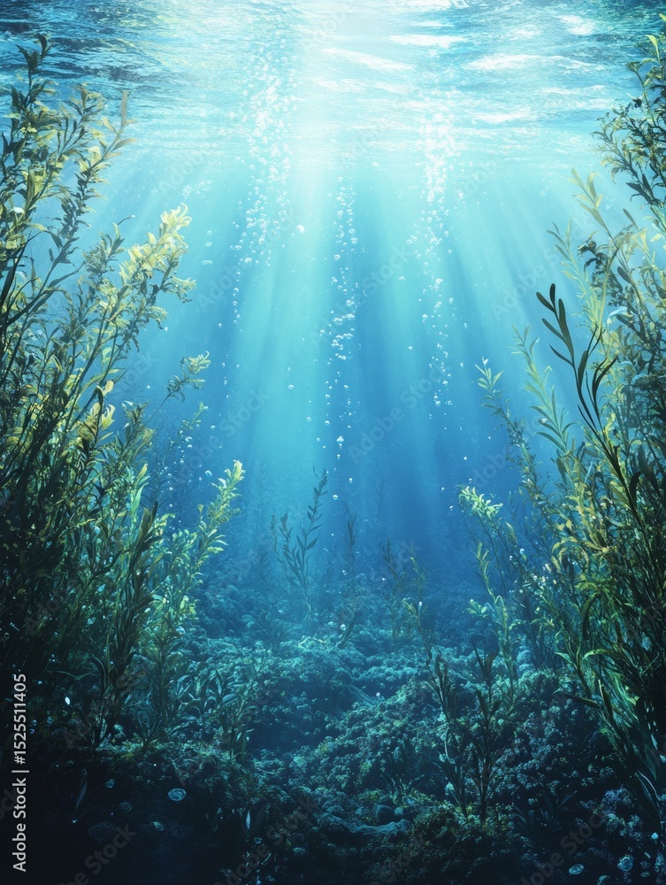 Fototapeta premium A vivid underwater view showcasing the oceanic plant life in clear waters, with light rays illuminating the scene.