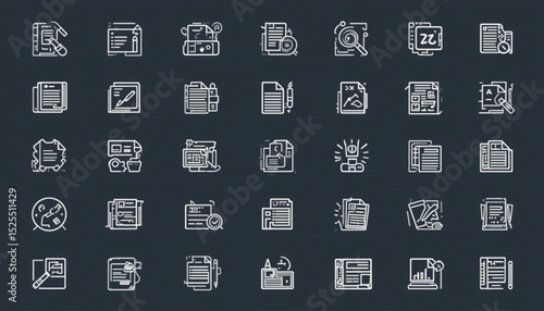 A set of 50 line icons representing various aspects of articles, writing, journalism, and content creation