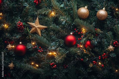 Christmas tree decor close up red gold ornaments