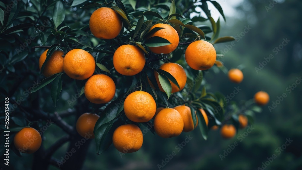 Orange fruits hanging from a tree in an orchard. Nature and agriculture, fruit harvesting, healthy food, and farm landscape. Orange fruits hanging from a tree in an orchard. Nature and agriculture, fruit harvesting, healthy food, and farm landscape.
