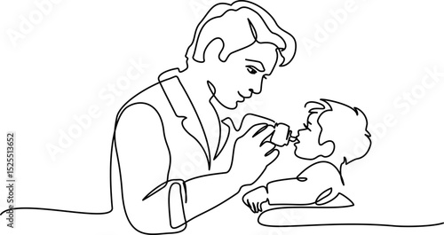 Dad feeds newborn from bottle. Continuous single drawn one line drawing