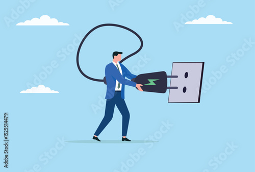 Vector illustration of a businessman charging himself, symbolizing the importance of renewing personal energy, relieving stress, and mental and physical rejuvenation in professional life
