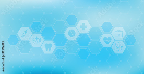 Medical technology design. Health care medical science with icon. Blue hexagons on blurred background.