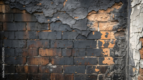 Old brick wall with peeling paint and charred marks shows decay