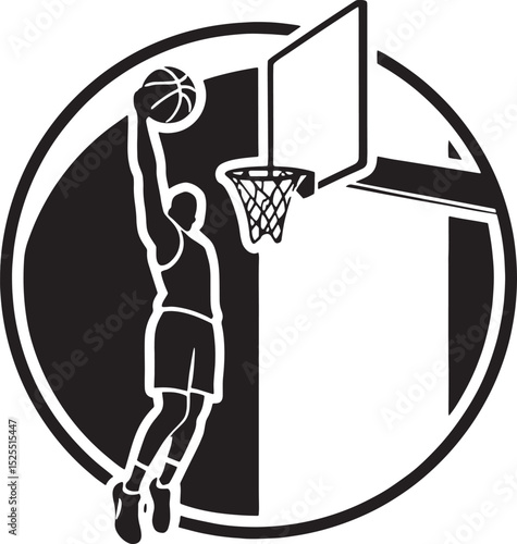 Basketball Slam Dunk Silhouette: A dynamic monochrome vector silhouette of a basketball player executing a slam dunk, embodying energy, athleticism, and the spirit of competition.
