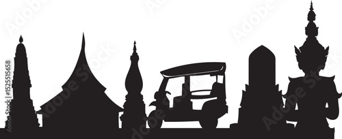 tuk tuk and city temple, traditional Thai architecture vector for cultural tourism and spiritual projects