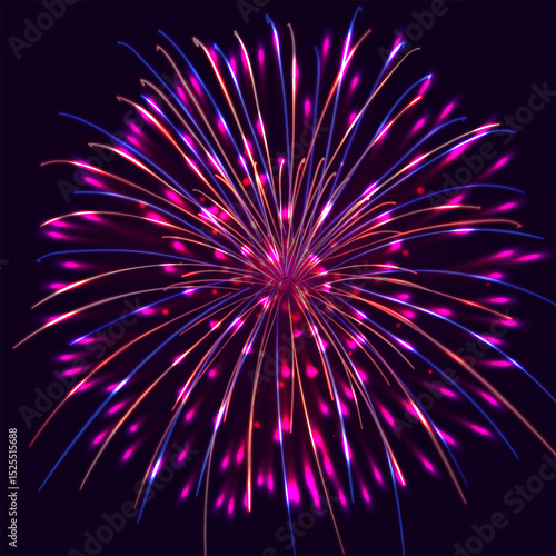 Colorful fireworks explosion in the night sky with bright glowing lights, sparkling particles, and festive celebration background for New Year, Independence Day, festival events, party, and holiday de