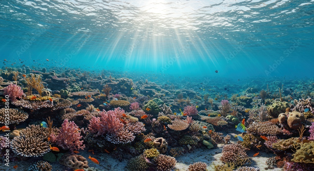 Naklejka premium Underwater coral reef scene with sunlight