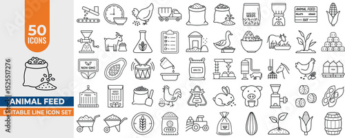 50 Editable Line Icons – Animal Feed, Farmyard, Feed Production, Corn, Pellets, Seeds & Fodder. Vector Illustrations for Agriculture & Farming