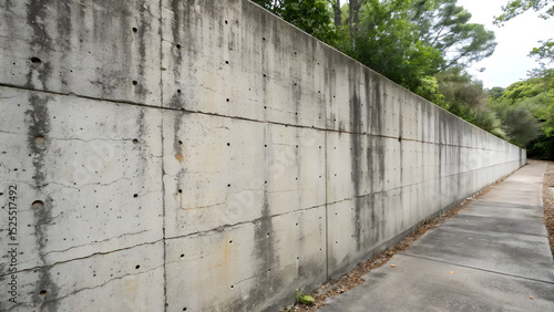 Long concrete wall with weathered texture runs alongside a pathway